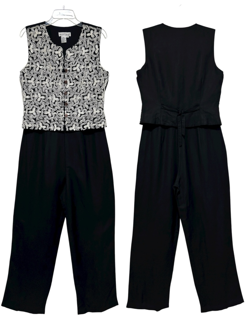 Newport News VTG 90s Hong Kong Linen Blend Black Ivory Embroidered Jumpsuit 12